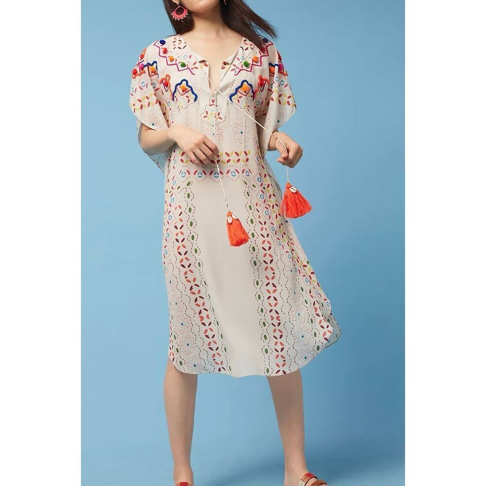 HEMANT & NANDITA Cream Midi Dress with Multicolor Embroidery